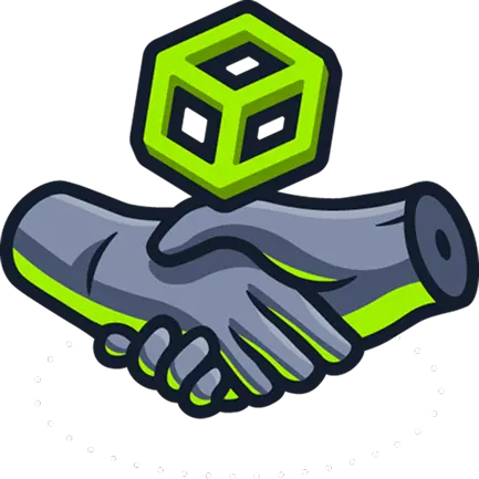 Handshake with a floating cube above it